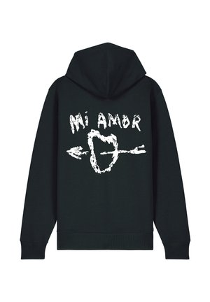 Felpa nera con cappuccio caratterizzata da una grafica bianca sul retro con il testo "Mi Amor" e un cuore trafitto da una freccia. Materiale in cotone.