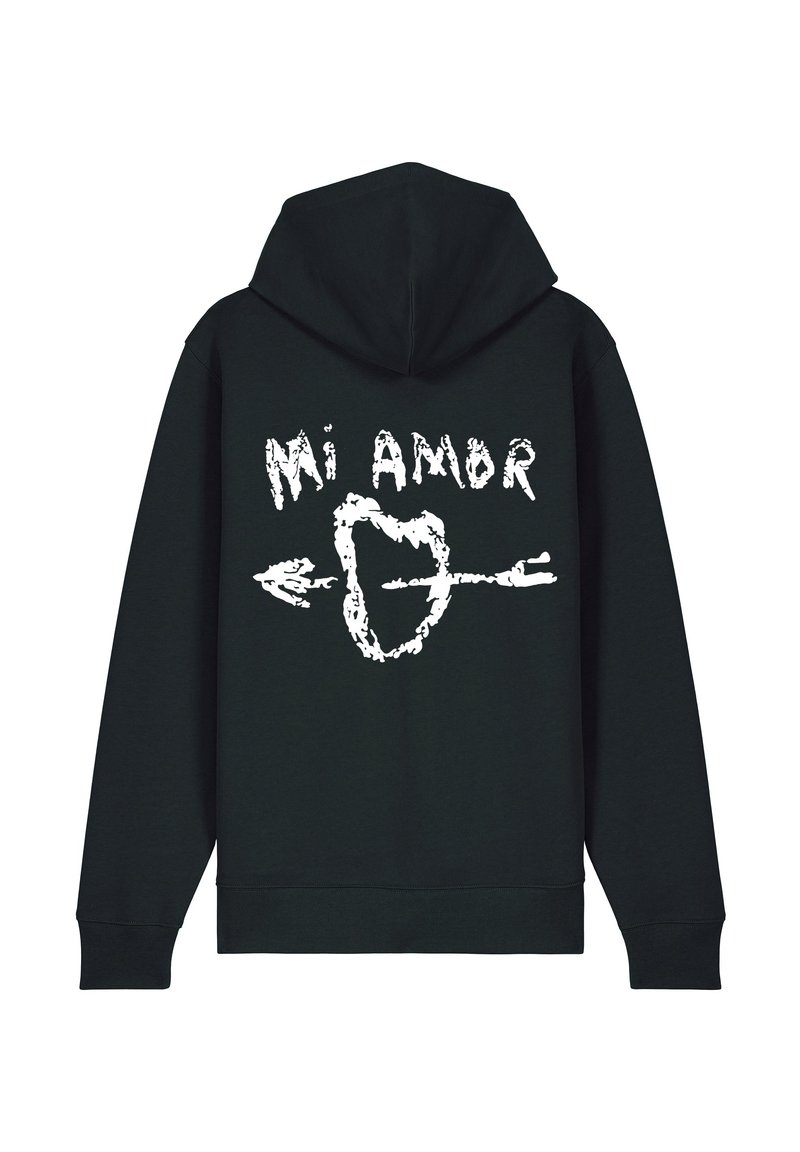 Felpa nera con cappuccio caratterizzata da una grafica bianca sul retro con il testo "Mi Amor" e un cuore trafitto da una freccia. Materiale in cotone.