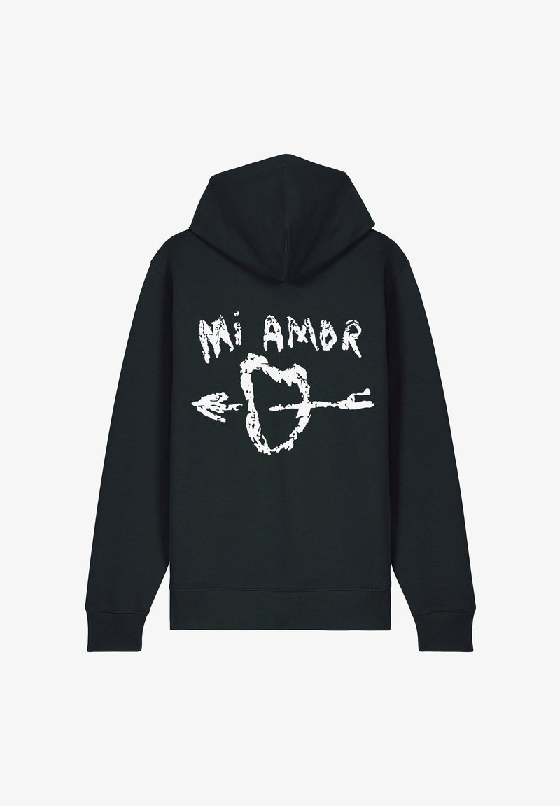 Hoodie noir avec un graphique blanc au dos, comportant le texte "Mi Amor" et un cœur transpercé par une flèche. En matériau coton.