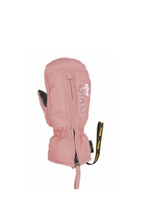 Rosa Fäustlinge mit einer glatten, strukturierten Oberfläche, elastischem Handgelenk, Reißverschlussverschluss und einem schwarzen Handflächenakzent. Mit weißem gesticktem Logo-Detail.