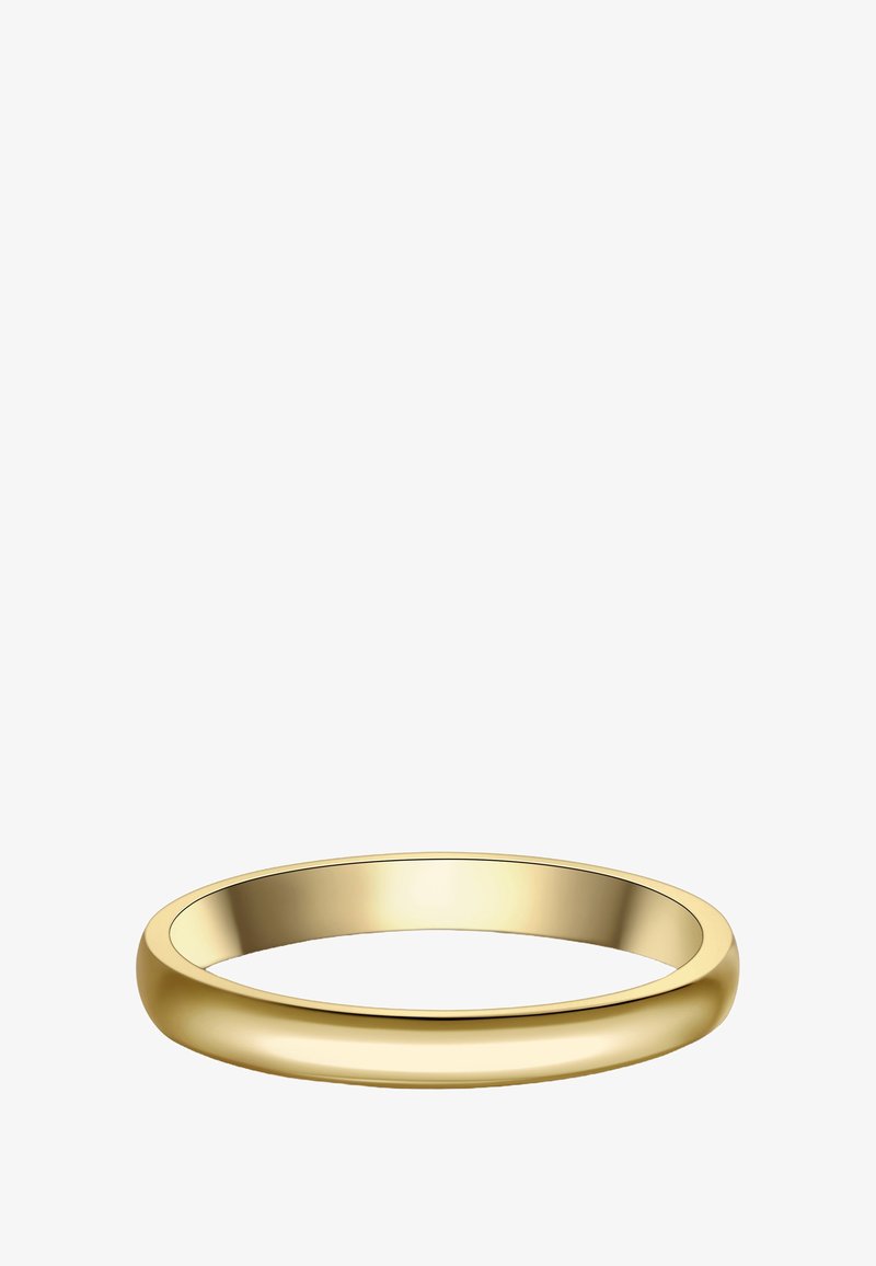 Gold ring featuring a smooth, round band with a polished finish. Design is minimalistic with a uniform thickness and no embellishments.