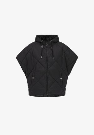 Schwarze, gesteppte Jacke mit Kapuze, weiten Ärmeln, Reißverschluss vorne und Kordelzügen. Verfügt über Druckknopf-Taschen an den Seiten.