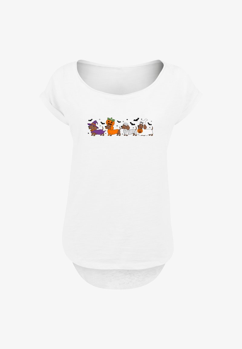 White short-sleeve t-shirt featuring a colorful Halloween-themed graphic of cartoon dogs in costumes, with bats in the background.
