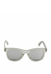 Lunettes de soleil à monture transparente avec des verres rectangulaires ; verres miroités gris et texture lisse ; branches fines et courbées.