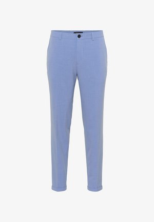 Vaaleansinisiä housuja, jotka on valmistettu sileästä kankaasta. Niissä on tasainen etuosa, vyölenkit ja käännetyt lahkeet. Yksi nappisuljenta vyötäröllä.