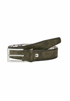 Olive green suede belt with a silver metal buckle, featuring a stitched strap and a patterned lining. Smooth texture, formal design.