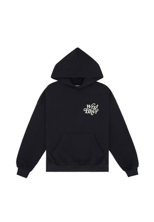 Zwarte hoodie van katoen. Bevat een voorzak en witte tekst "Wrfst Bhvr" aan de linkerkant. Klassieke pasvorm met geribbelde boorden.