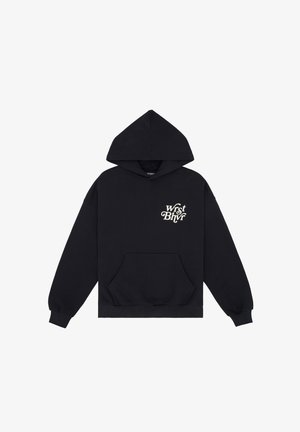 Zwarte hoodie van katoen. Bevat een voorzak en witte tekst "Wrfst Bhvr" aan de linkerkant. Klassieke pasvorm met geribbelde boorden.