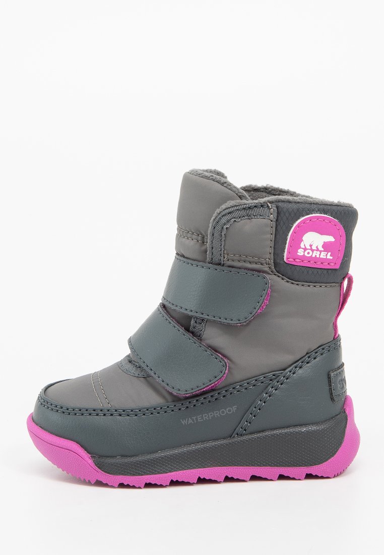 Graue wasserdichte Stiefel mit pinken Akzenten, mit einem hoch geschnittenen Design, Klettverschlüssen, Gummisohle und einem Futter aus Fell auf der Innenseite.