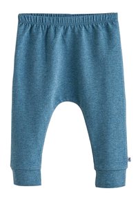 Pantalon pour bébé en tissu doux bleu avec taille élastique et chevilles à revers, conçu pour le confort et la liberté de mouvement.