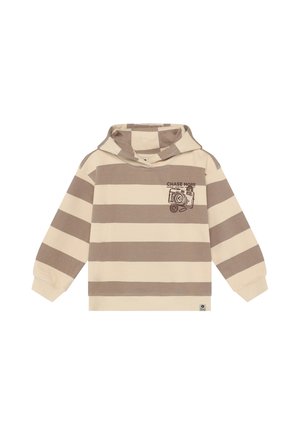 Kapuzensweatshirt mit breiten beige-braunen horizontalen Streifen und einer kleinen Kamera-Grafik mit Text auf der Brust.