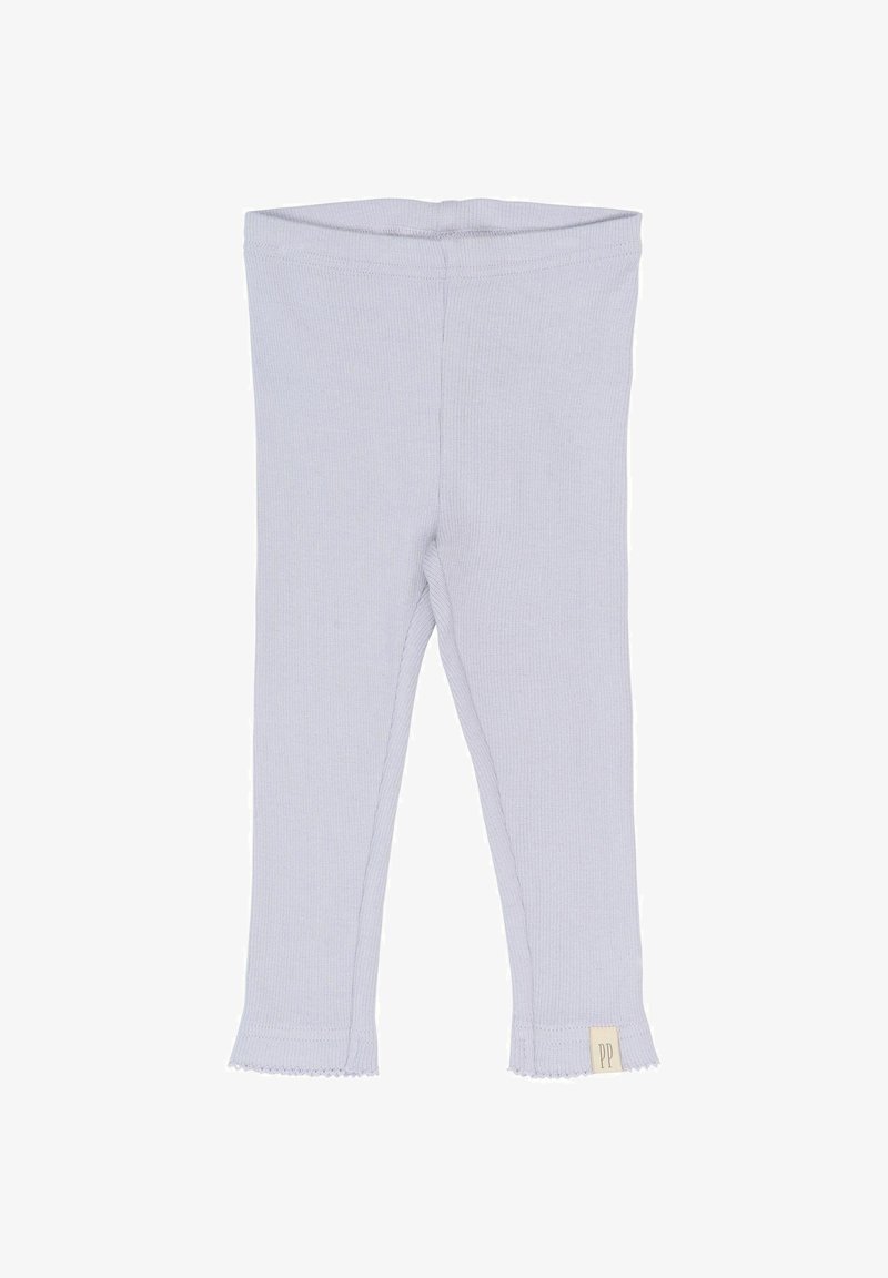 Leggings gris clair à côtes avec une coupe ajustée, présentant un ourlet festonné et une petite étiquette "PP" en bas. Tissu à la texture douce.