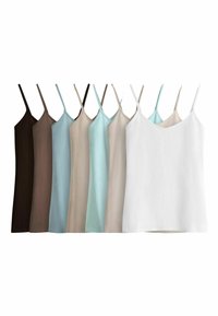 Acht camisole Tops in verschiedenen Farbtönen: Dunkelbraun, Hellbraun, Sanftblau, Beige, Hellblau und Weiß. Ausschnitt und dünne Träger.