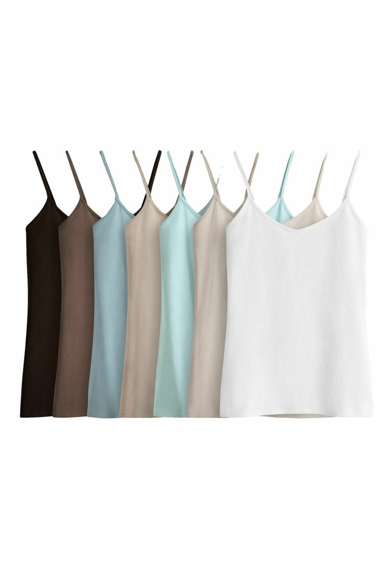 Acht camisole Tops in verschiedenen Farbtönen: Dunkelbraun, Hellbraun, Sanftblau, Beige, Hellblau und Weiß. Ausschnitt und dünne Träger.