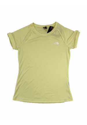 Jasnozielona, damska sportowa koszulka North Face z krótkim rękawem i okrągłym dekoltem oraz logo na lewej piersi, ułożona płasko na białym tle.