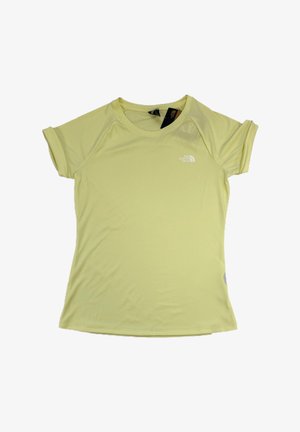 Jasnozielona, damska sportowa koszulka North Face z krótkim rękawem i okrągłym dekoltem oraz logo na lewej piersi, ułożona płasko na białym tle.