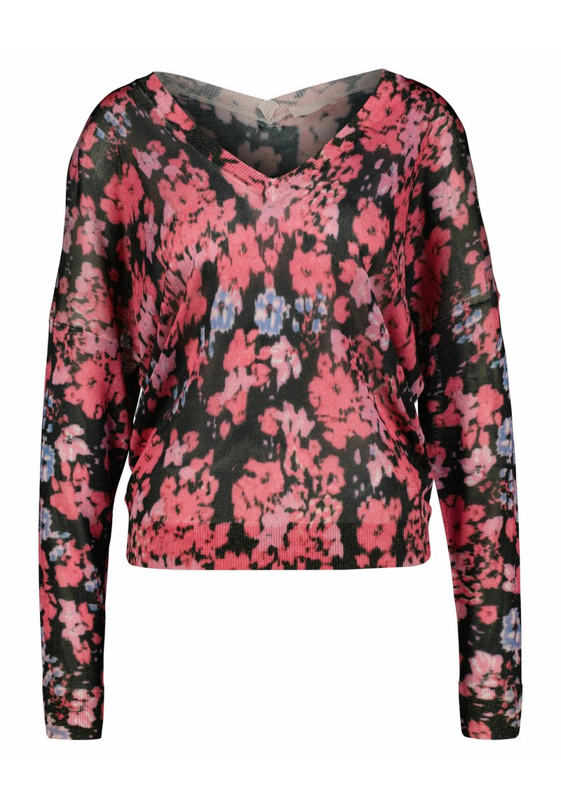 suéter de punto floral con escote en V, mangas largas y un patrón multicolor en tonos de rosa, azul y negro. Material ligero de punto.