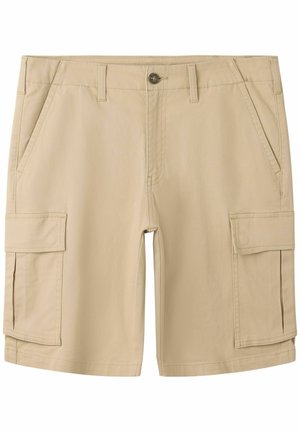 Bež moške kratke hlače cargo z zapiranjem na gumbe, zankami za pas, stranskimi žepi in velikimi žepi z zaponko na vsakem stegnu.