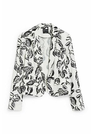 Hvid blazer med sort bladtryk, lange ærmer, indsnitkrave og to forlommer, lagt fladt på en hvid baggrund.