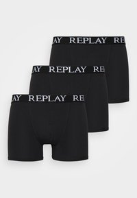 Tre paia di boxer neri con un design semplice, dotati di un elastico nero con la scritta "REPLAY" in bianco.