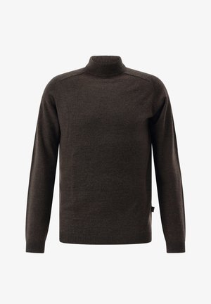 Dark brown turtleneck sweater made of smooth knit material. Features long sleeves, ribbed cuffs and hem, and a fitted collar.