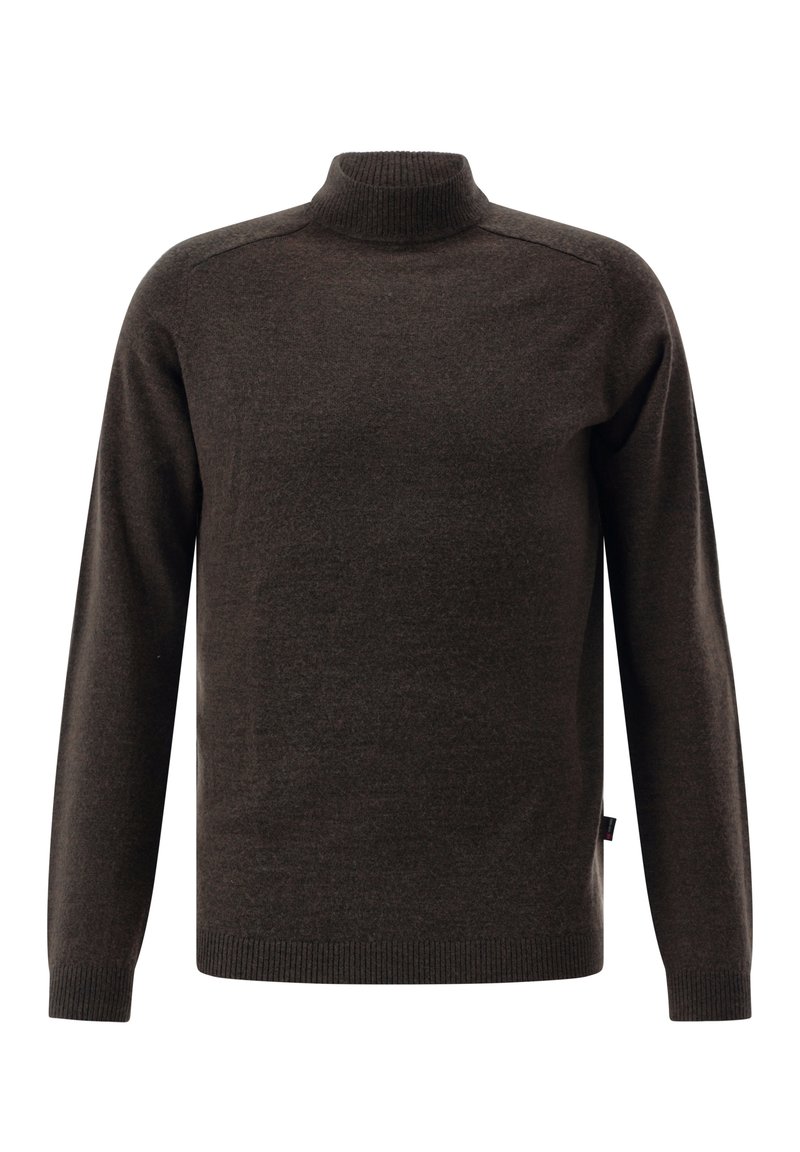 Dunkelbrauner Rollkragenpullover aus glattem Strickmaterial. Verfügt über lange Ärmel, gerippte Bündchen und Saum sowie einen figurbetonten Kragen.
