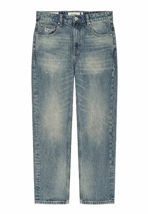 Niebieskie wyblakłe dżinsy o prostych nogawkach, z przednimi kieszeniami, szlufkami na pasek, zapięciem na guziki oraz metką "project blue" na małej przedniej kieszeni.