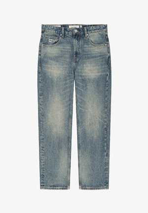 Blauwe vervaagde rechte jeans met steekzakken aan de voorkant, riemlussen, knoopsluiting en een "project blue" label op het kleine voorzakje.