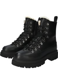 Zwarte leren laarzen met een dikke zool, voorzien van zilverkleurige metalen details, vetersluiting en een zachte nepbonten voering bij de kraag.