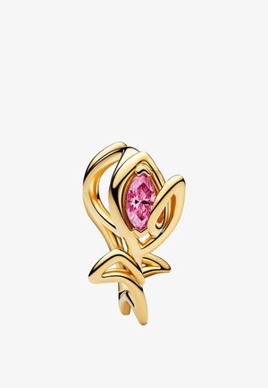 Anello d'oro a forma di fiore stilizzato con una pietra preziosa rosa a taglio marquise al centro.