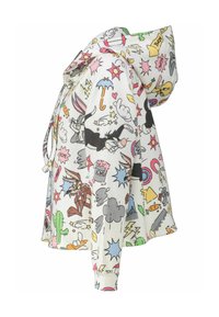 Hooded jacket featuring a colorful cartoon pattern on a white background, made of soft fabric with a relaxed fit and elastic cuffs.
