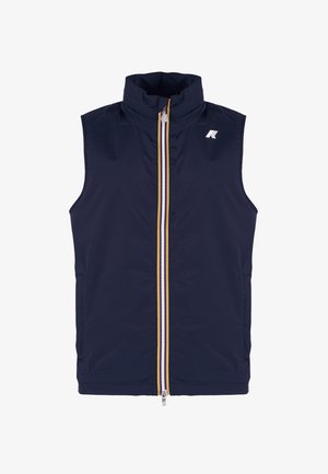 Gilet senza maniche blu navy con colletto alto, zip gialla e bianca e logo sul petto. Realizzato in tessuto leggero e lucido.