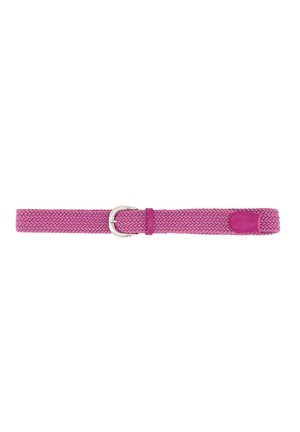 Cintura in tessuto rosa intrecciato con fibbia in metallo argento e punta in pelle, stesa su sfondo bianco.