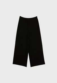 Pantalon noir à jambes larges avec une taille élastique et deux poches fendues à l'avant, présenté sur un fond clair uni.
