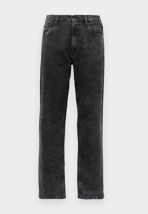Black denim jeans with a straight-leg cut, featuring five pockets, a button closure, and subtle fading along the fabric.