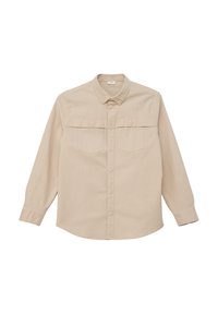 Lichtbeige overhemd met lange mouwen van katoen. Heeft een button-down kraag, twee borstzakken en een knoopsluiting aan de voorkant met bijpassende knopen.