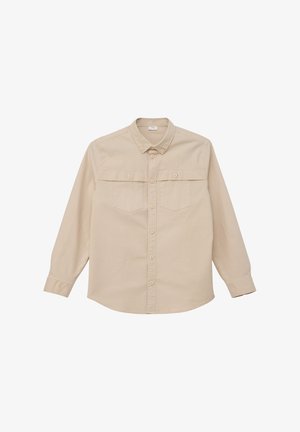 Lichtbeige overhemd met lange mouwen van katoen. Heeft een button-down kraag, twee borstzakken en een knoopsluiting aan de voorkant met bijpassende knopen.