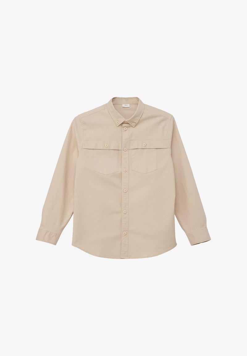 Lichtbeige overhemd met lange mouwen van katoen. Heeft een button-down kraag, twee borstzakken en een knoopsluiting aan de voorkant met bijpassende knopen.