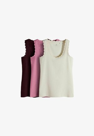 Drei ärmellose gestrickte Tops in Dunkelbraun, Hellrosa und Creme, übereinander gestapelt mit wellenförmigen Kanten am Hals- und Armausschnitt.