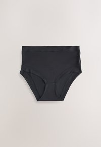 Czarne majtki z wysokim stanem wykonane z gładkiego, elastycznego materiału. Posiadają szeroką gumkę w pasie oraz bezszwową konstrukcję bez widocznych szwów.