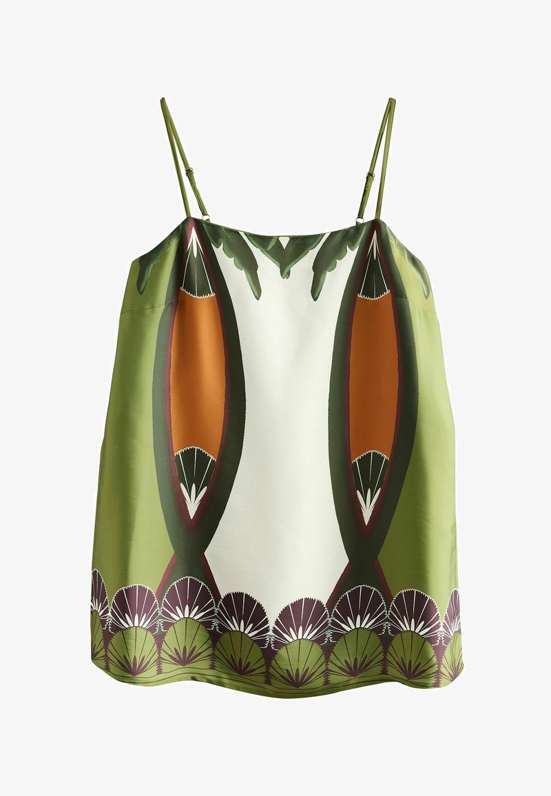 Haut sans manches vert et blanc avec doubles fines bretelles, présentant des motifs géométriques abstraits orange, vert et violet ainsi qu'un design de bordure festonnée.