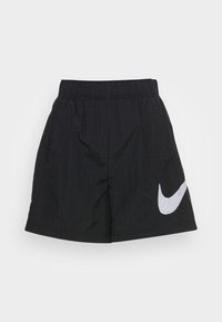 Pantaloni corti neri con cintura elastica, realizzati in materiale leggero. Presentano un grande logo Nike swoosh bianco sul lato sinistro.