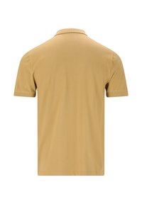 Kortärmad polo t-shirt i beige, tillverkad av slät tyg, med en klassisk krage och enkel rak fåll, med en ren design på baksidan.