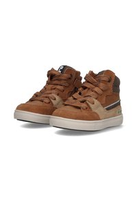 Bruine suède hoge schoenen met tan accenten, een getextureerde mesh kraag en contrasterende zwarte en gekleurde strepen. Witte rubbere zool en veters.