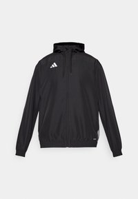 Giacca atletica nera realizzata in materiale leggero. Caratterizzata da un cappuccio, chiusura zip e polsini elastici. Logo bianco sul lato superiore sinistro.
