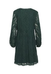Rochie dantelă verde închis, cu mâneci lungi, talie strânsă și tiv ondulat. Textură semi-transparentă cu modele florale de-a lungul întregii rochii.