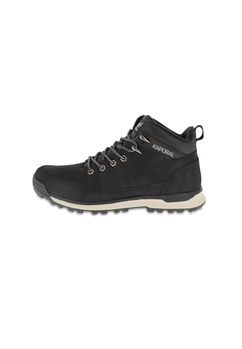 Black mid-top hiking shoes with a textured upper, contrasting beige sole, lace-up design, and logo detail on the side.