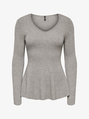 Pilkas dryžuotas megztinis ilgomis rankovėmis, V formos iškirpte ir išplatėjančia apačia. Pagamintas iš minkštos medžiagos, su siaurintu liemeniu ir tekstūruota medžiaga.