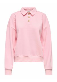 Sweat-shirt rose pâle à manches longues avec un col et trois boutons décoratifs dorés en forme de soleil sur la patte de boutonnage avant.