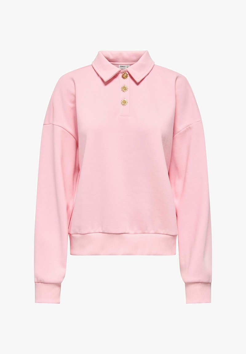 Sweat-shirt rose pâle à manches longues avec un col et trois boutons décoratifs dorés en forme de soleil sur la patte de boutonnage avant.